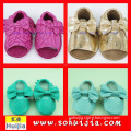 Guangzhou manufacture fashion sweet color tassels and bow cow leather moccasin shoes kid children